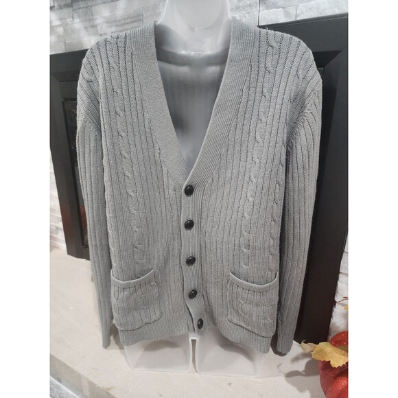 VINTAGE John Blair Sweater Mens M REG Grey Cable Knit Cardigan Pockets Button Up - Picture 1 of 6